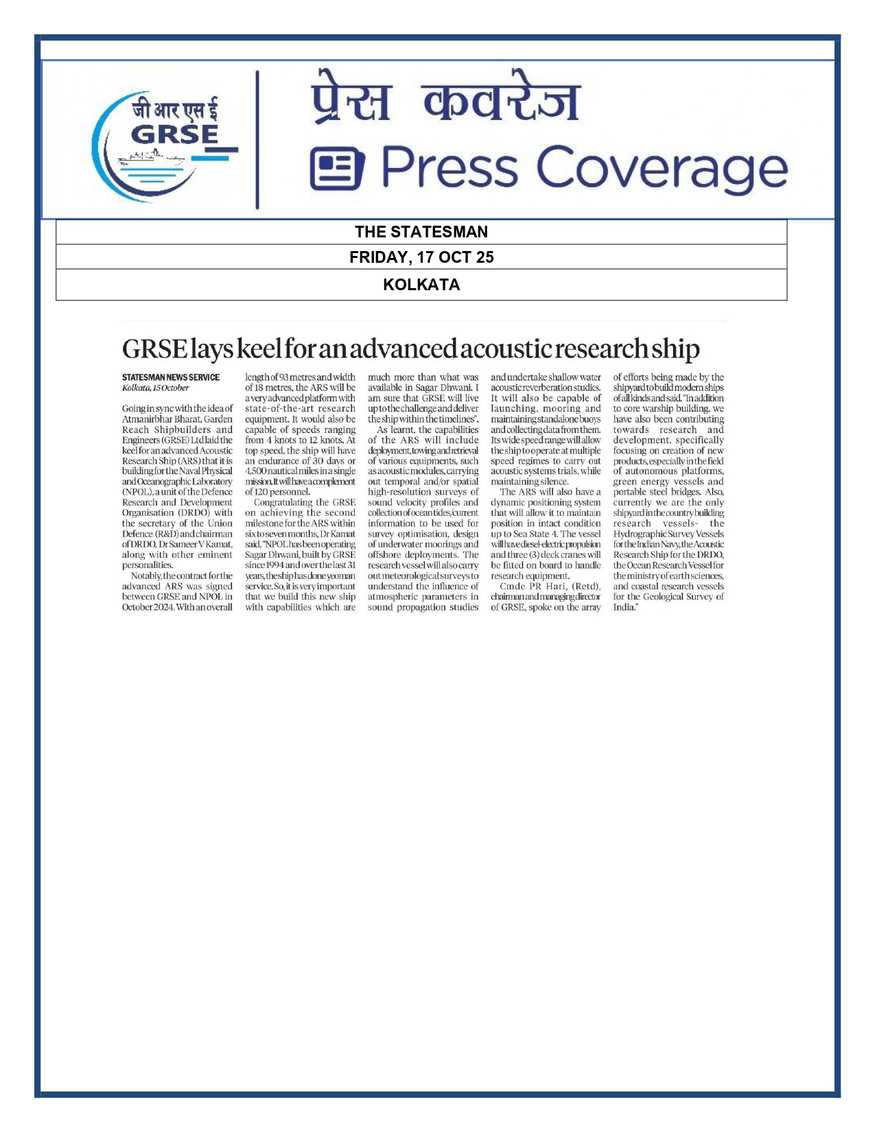   Press Coverage: 16 Oct 25:THE STATESMAN 